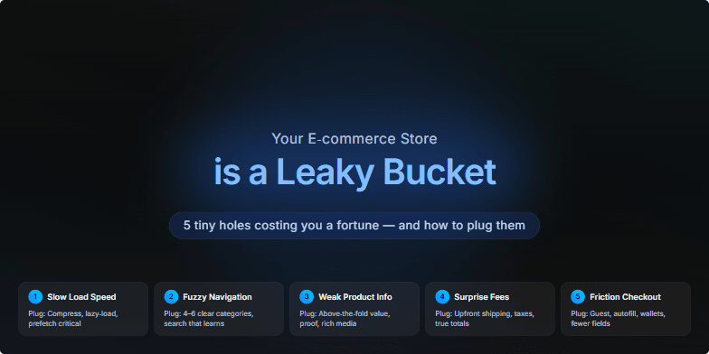 A dark-themed presentation slide titled 'Your E-commerce Store is a Leaky Bucket' in glowing neon blue text. A subtitle below reads '5 tiny holes costing you a fortune — and how to plug them'. At the bottom, five illustrated cards detail common e-commerce problems and their solutions.