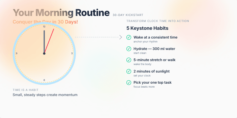A slide visualizing a 30-day morning routine challenge. It features a stylized animated clock transitioning into a checklist of key habits against a warm sunrise backdrop. A progress bar tracks the 30-day journey, emphasizing small changes for big impact. Fragment #2