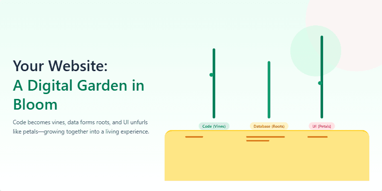 A slide titled 'Your Website: A Digital Garden in Bloom' depicts stylized plant stems representing Code (vines), Database (roots), and UI (petals) growing from a base representing the platform. Animated lines spread outwards from the base, and a blossoming flower appears above the 'UI' stem. A textbox outlines the next steps: Plan, Plant, Prune, and Pollinate. The slide utilizes a calming green, brown, and white color scheme. Fragment #2
