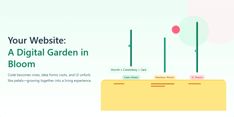 A slide titled 'Your Website: A Digital Garden in Bloom' depicts stylized plant stems representing Code (vines), Database (roots), and UI (petals) growing from a base representing the platform. Animated lines spread outwards from the base, and a blossoming flower appears above the 'UI' stem. A textbox outlines the next steps: Plan, Plant, Prune, and Pollinate. The slide utilizes a calming green, brown, and white color scheme. Fragment #3