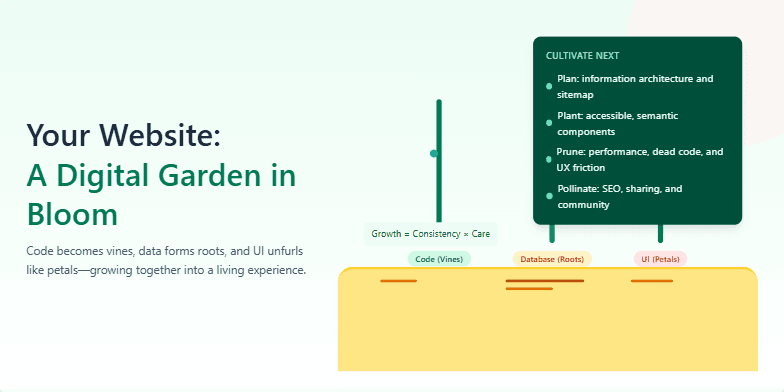 A slide titled 'Your Website: A Digital Garden in Bloom' depicts stylized plant stems representing Code (vines), Database (roots), and UI (petals) growing from a base representing the platform. Animated lines spread outwards from the base, and a blossoming flower appears above the 'UI' stem. A textbox outlines the next steps: Plan, Plant, Prune, and Pollinate. The slide utilizes a calming green, brown, and white color scheme.