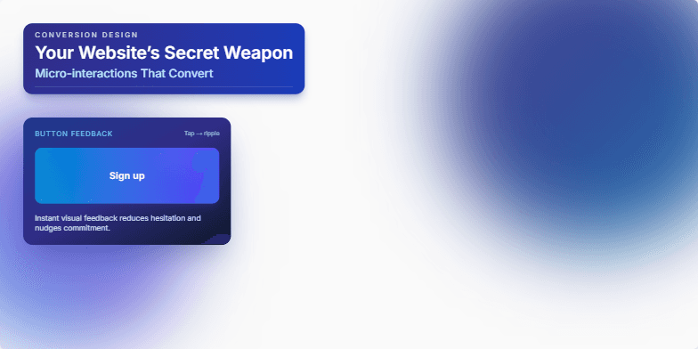 A slide showcasing micro-interactions in web design. It features a twilight color scheme with smooth animations of a button ripple, a shimmer loading effect, and a playful hover card, each demonstrating how these subtle design choices can enhance user experience and boost conversions. Fragment #2