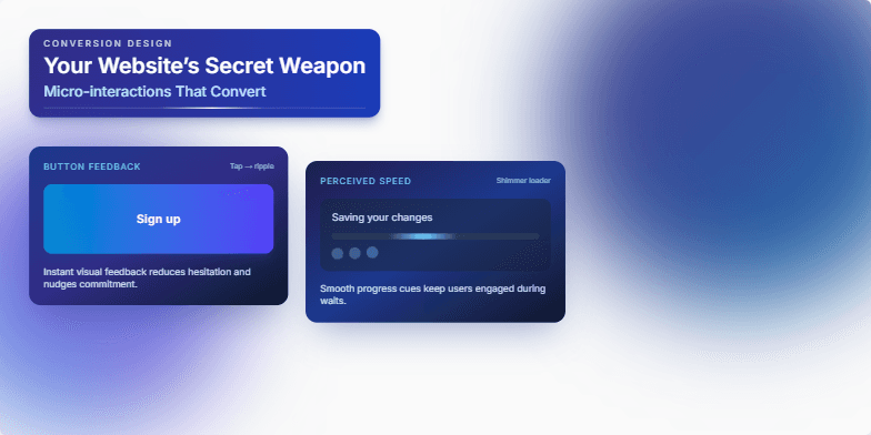 A slide showcasing micro-interactions in web design. It features a twilight color scheme with smooth animations of a button ripple, a shimmer loading effect, and a playful hover card, each demonstrating how these subtle design choices can enhance user experience and boost conversions. Fragment #3