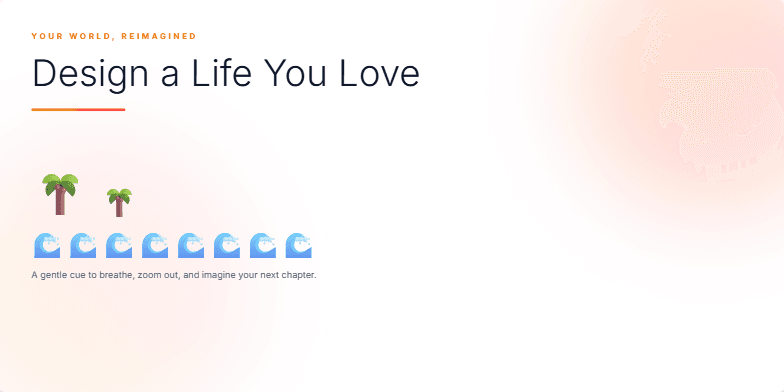 A slide with a warm sunset background, swaying palm trees, a calm ocean wave, and inspiring quotes about the digital nomad lifestyle. The title reads 'Your World, Reimagined: Design a Life You Love.' Fragment #2