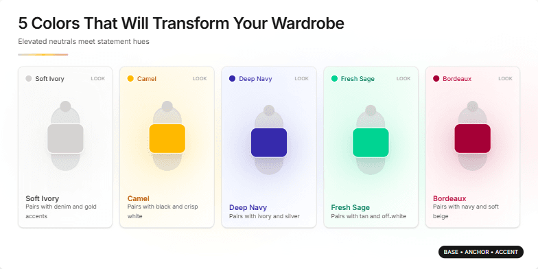 Slide displaying five color cards showcasing Soft Ivory, Camel, Deep Navy, Fresh Sage, and Bordeaux, each paired with outfit suggestions to transform your wardrobe.