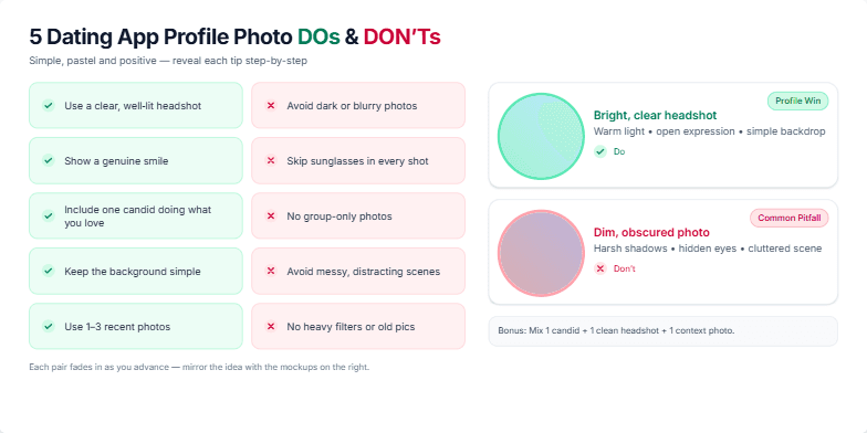 A slide presenting 5 Do's and Don'ts for dating app profile pictures. It features a clean design with pastel accents, dynamic transitions between examples, and stylish profile picture mockups.