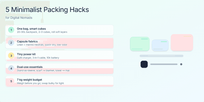 A slide displaying five minimalist packing hacks for digital nomads, featuring pastel-colored packing cubes and tech accessories on a calming gradient background.