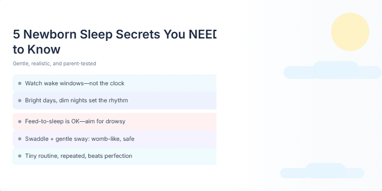 A slide with a pastel sky and clouds, twinkling stars, and a list of 5 newborn sleep secrets. Soft watercolor illustrations of sleeping babies and moons create a calming atmosphere.