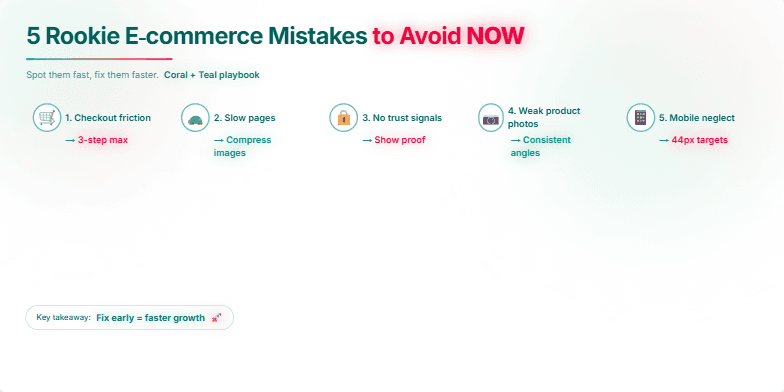 A slide titled '5 Rookie E-commerce Mistakes to Avoid NOW' with five common mistakes represented by icons: checkout friction, slow pages, no trust signals, weak product photos, and mobile neglect. Key takeaways for each mistake are highlighted with a neon glow effect.