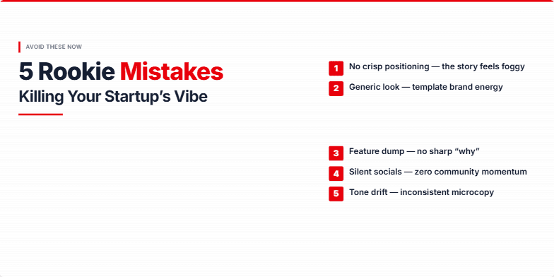 A slide titled '5 Rookie Mistakes Killing Your Startup's Vibe' with a list of five common startup errors, highlighted in red against a grayscale background of failed product launches. Glitch effects and bold typography emphasize the importance of avoiding these pitfalls.