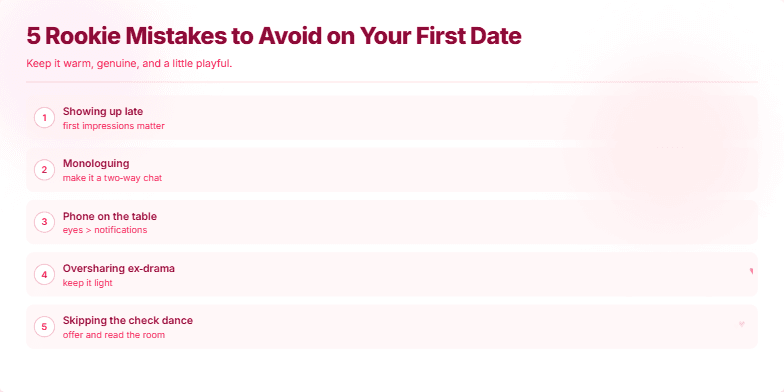 A slide titled '5 Rookie Mistakes to Avoid on Your First Date' with a soft pink and white color scheme. Five numbered points list common dating mistakes, each accompanied by a short hint. Animated hearts float across the screen.