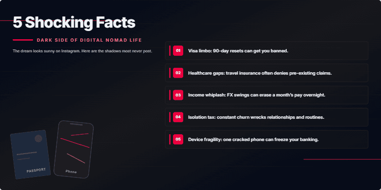 A dark, gritty slide with the title '5 Shocking Facts: Dark Side of Digital Nomad Life'. Animated boxes reveal facts about the challenges of being a digital nomad, such as visa issues, healthcare gaps, and financial instability. Close-ups on a weathered passport and cracked phone screen emphasize the hidden costs of this lifestyle.