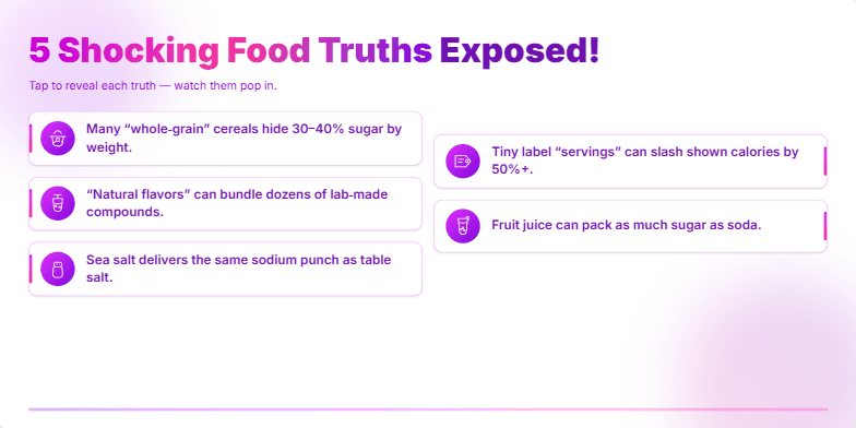 A slide with a vibrant pink and purple background displays five shocking food truths. Each fact is accompanied by a relevant icon and revealed with a pop animation. The title '5 Shocking Food Truths Exposed!' is prominently displayed with a gradient effect.