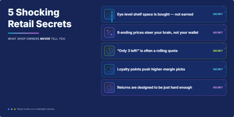 A slide with a dark blue background and neon accents reveals '5 Shocking Retail Secrets.' Each secret, accompanied by a simple icon, is unveiled with a shattering glass animation, creating a sense of intrigue and exclusivity.