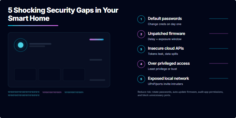 Dark slide with neon accents highlighting 5 shocking security gaps in smart homes. Bullet points emphasize vulnerabilities like default passwords and unpatched firmware. Binary code streams visually represent data breach risk.