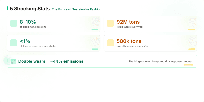 A slide showcasing five shocking statistics about the future of sustainable fashion. Each statistic is presented on a card with gentle animations, earthy tones, and accents of green and gold. Watercolor illustrations and background gradients create a hopeful and inspiring mood.