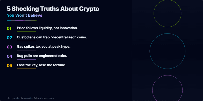 A dark slide with neon accents reveals 5 shocking truths about cryptocurrency. Rotating coins and bold text emphasize key points about liquidity, custody, gas fees, rug pulls, and key security.