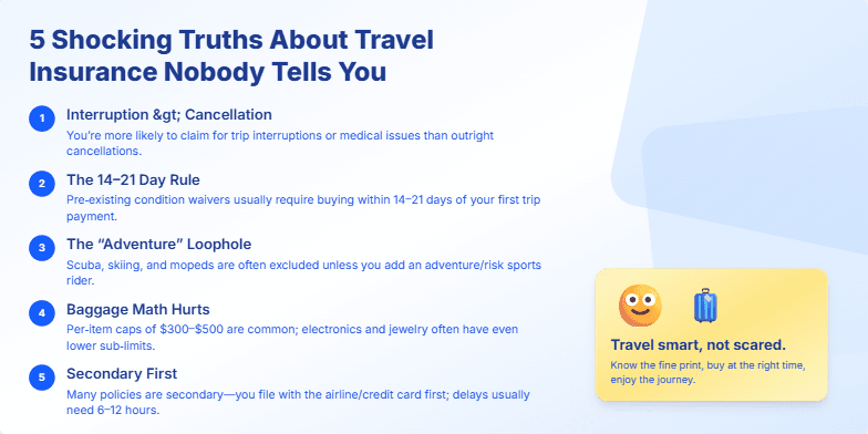 A slide with a calming blue and white background featuring five key truths about travel insurance. A gently swaying palm tree is subtly animated, and the final segment shows a carefree traveler, symbolizing peace of mind.