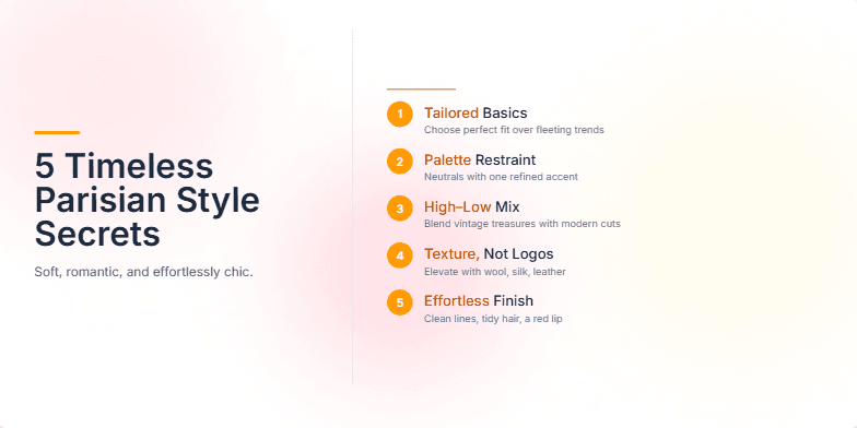 A slide showcasing '5 Timeless Parisian Style Secrets' with a soft, romantic color palette and gold accents. Each secret is numbered and presented with a concise title and description, resembling a vintage fashion magazine.