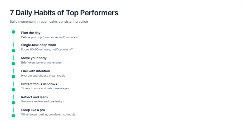 A minimalist slide displaying '7 Daily Habits of Top Performers' with subtle animations of growing plants, representing personal growth. Each habit is listed with a short description, against a calming blue and green background.