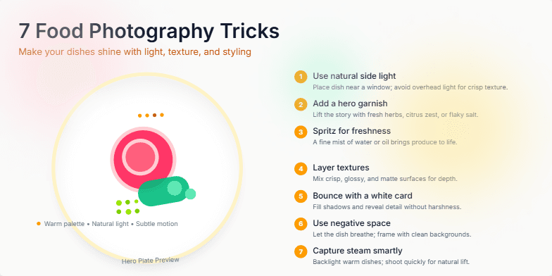 A slide showcasing 7 food photography tricks with a preview of a styled dish and a list of tips like using natural light, adding garnish, and layering textures. Warm colors and subtle motion enhance the visual appeal.