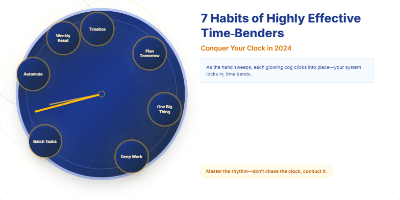 A stylized steampunk clock with bending hands and glowing cogs representing the 7 habits of highly effective time management.