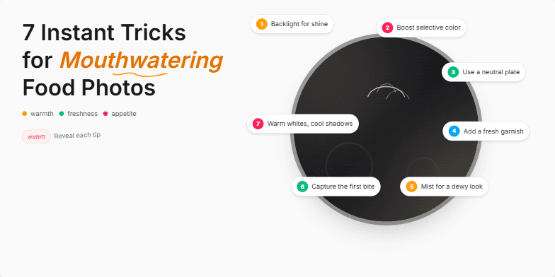 Slide showcasing 7 tricks for mouthwatering food photos, featuring a stylized sizzling pan graphic and animated tip reveals.