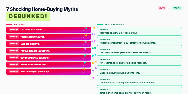 A slide with a split screen design. On one side, common home-buying myths are visually shattered with a dynamic, fragmented style and vibrant colors. On the other side, the corresponding truths are revealed with smooth animations. The text uses sharp, modern typography.