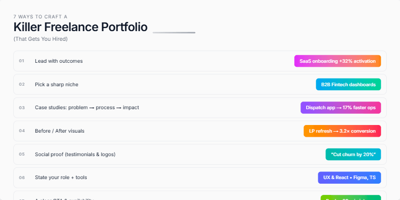 A slide titled '7 Ways to Craft a Killer Freelance Portfolio (That Gets You Hired)' showcasing seven key strategies with accompanying visual examples. The slide features a minimalist design with a grey background, white text, and colorful accents.