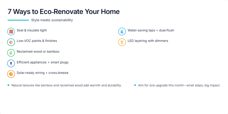 A slide showcasing 7 eco-friendly home renovation tips. Each tip is represented by a minimalist icon and a short description, accompanied by smooth animations and a calming color palette of earthy tones with green and blue accents. Images of natural materials like bamboo and reclaimed wood emphasize the blend of style and sustainability.