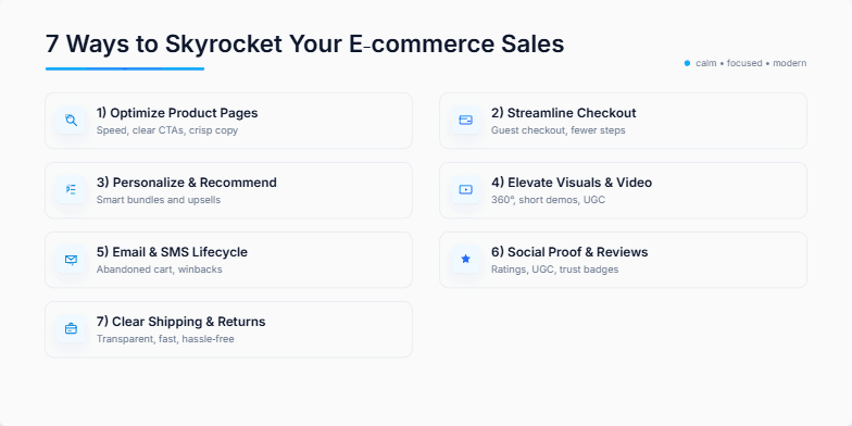 A slide showcasing 7 ways to boost e-commerce sales with a clean, minimalist design in blue and white. Each point is accompanied by an icon and subtle animation.