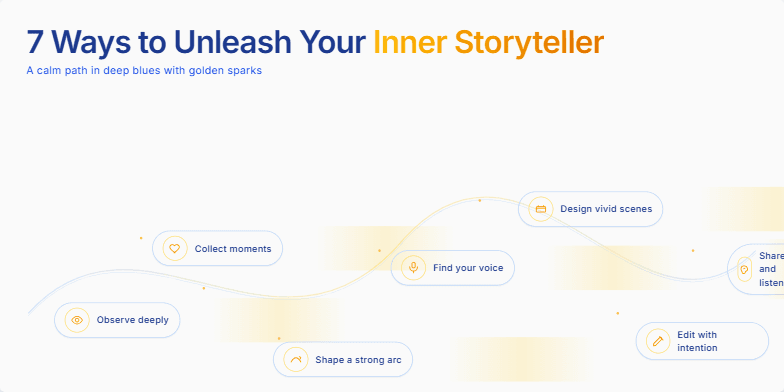 A slide titled '7 Ways to Unleash Your Inner Storyteller.' A golden path flows across a deep blue background. Along the path, seven icons shimmer, each representing a storytelling element: observe, collect, shape, find your voice, design scenes, edit, and share. The design is clean and sophisticated, inviting viewers to embark on a journey of storytelling discovery.