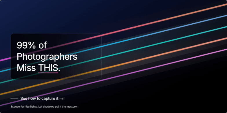 Dark background with vibrant light trails streaking across, resembling a long exposure photograph. Text overlay reads: '99% of Photographers Miss THIS. (See How to Capture It)'