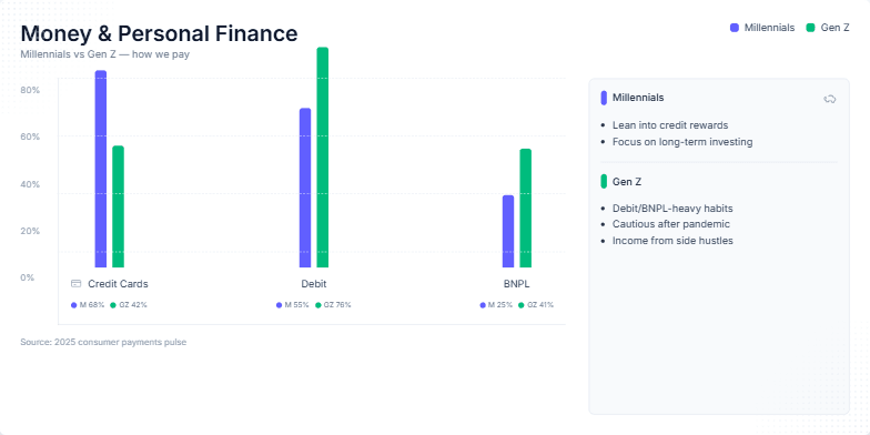 A data visualization slide comparing financial habits of Millennials and Gen Z. It features a bar chart showing payment preferences for Credit Cards, Debit, and BNPL, and a side panel with key behavioral insights for each generation.