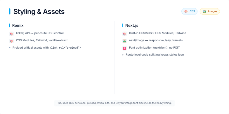 A comparison slide titled 'Styling & Assets' contrasting Remix on the left and Next.js on the right. Each column has a title and a bulleted list detailing their respective features for handling CSS, images, and fonts, with illustrative icons.