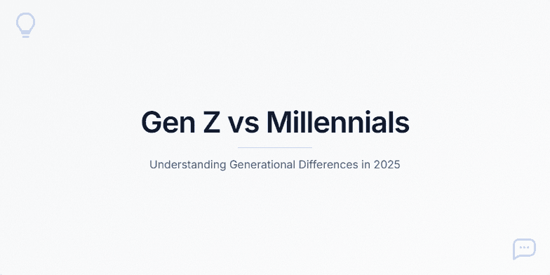A title slide for a presentation titled 'Gen Z vs Millennials'. The background is a light gray gradient with a subtle grain texture. A blue lightbulb icon is in the top-left corner and a blue chat icon is in the bottom-right. The centered text reads 'Gen Z vs Millennials' in a large, dark font, with 'Understanding Generational Differences in 2025' below it in a smaller font.