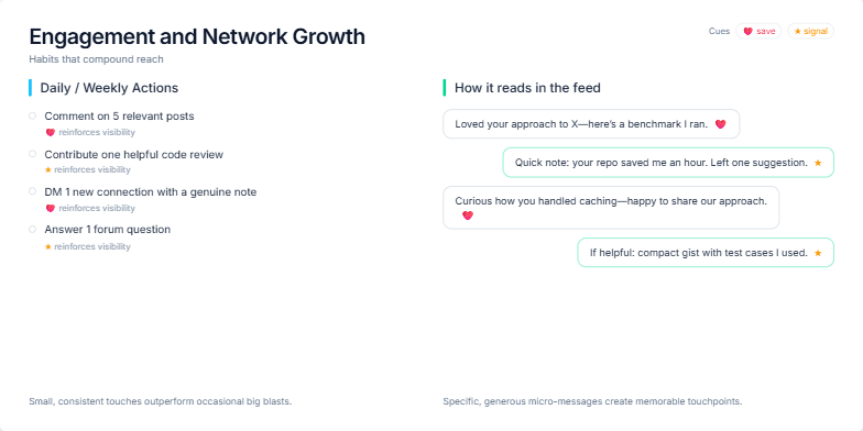 A slide titled 'Engagement and Network Growth' with the subtitle 'Habits that compound reach'. It's split into two columns. The left column, 'Daily / Weekly Actions,' lists tasks like 'Comment on 5 relevant posts.' The right column, 'How it reads in the feed,' shows examples of messages in chat bubbles.