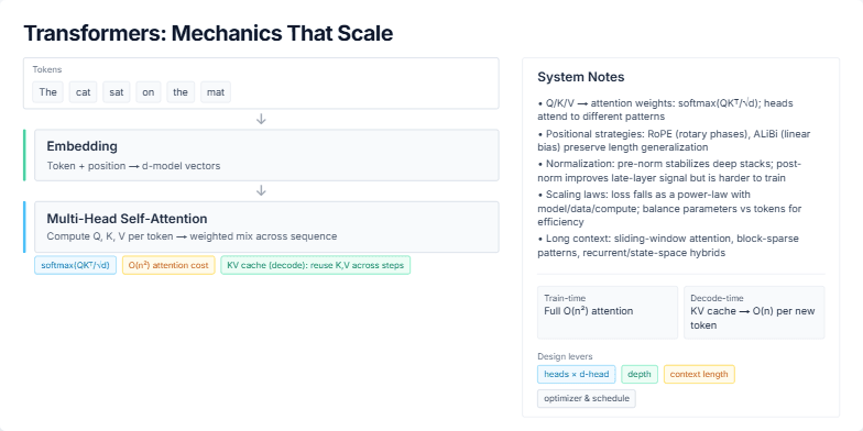 A slide titled 'Transformers: Mechanics That Scale' with a two-column layout. The left column shows a flowchart of the Transformer forward pass: Tokens, Embedding, Multi-Head Self-Attention, MLP, and Residual+LayerNorm. The right column contains 'System Notes' with technical details on attention, positional strategies, normalization, scaling laws, and design levers. Fragment #2