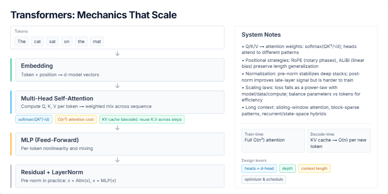 A slide titled 'Transformers: Mechanics That Scale' with a two-column layout. The left column shows a flowchart of the Transformer forward pass: Tokens, Embedding, Multi-Head Self-Attention, MLP, and Residual+LayerNorm. The right column contains 'System Notes' with technical details on attention, positional strategies, normalization, scaling laws, and design levers.