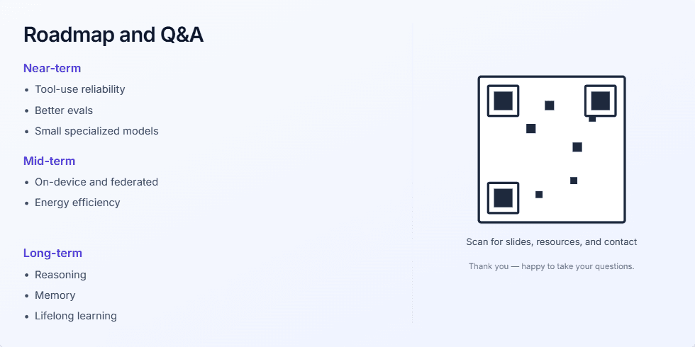 A presentation slide titled 'Roadmap and Q&A'. The left side details a roadmap with 'Near-term', 'Mid-term', and 'Long-term' goals. The right side displays a large, stylized QR code above text that reads 'Scan for slides, resources, and contact' and 'Thank you — happy to take your questions.'