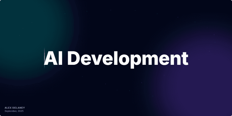A slide with the title 'AI Development' in bold white text against a dark background with animated particles and blurred neon gradients. A faint isometric grid provides subtle texture, and a scanning line animates across the title. The speaker's name and date are displayed discreetly in the bottom left corner.