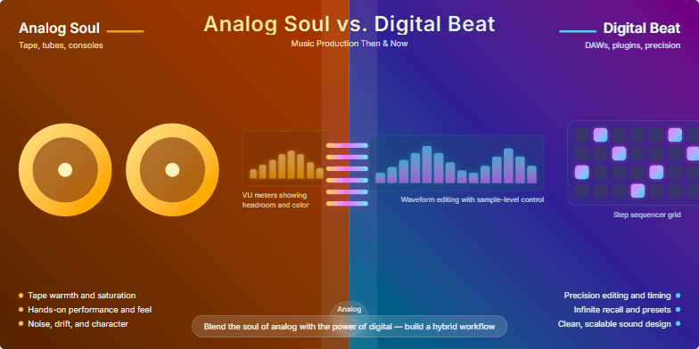 A slide split down the middle, with a warm sepia tone on the left representing 'Analog Soul' with vintage recording equipment visuals, and a vibrant neon hue on the right for 'Digital Beat' showcasing modern digital audio workstations and plugins. A dynamic transition bridge in the center morphs the old into the new.