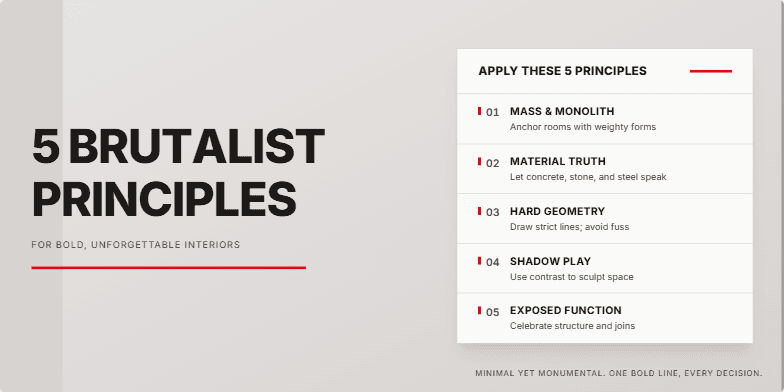 A presentation slide about Brutalist principles for interior design. The background is a textured concrete gray. On the left, the title '5 BRUTALIST PRINCIPLES' is in large, bold, black typography with a single red line underneath. On the right, a white panel lists the five principles with short descriptions.