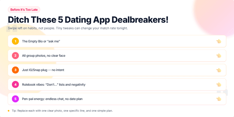 A slide with a warm sunset background and silhouettes of chatting couples. The title 'Before It's Too Late: Ditch These 5 Dating App Dealbreakers!' is displayed in bold, playful typography. Five numbered dealbreakers are listed, each accompanied by a 'swipe left' icon and a whimsical sound effect.