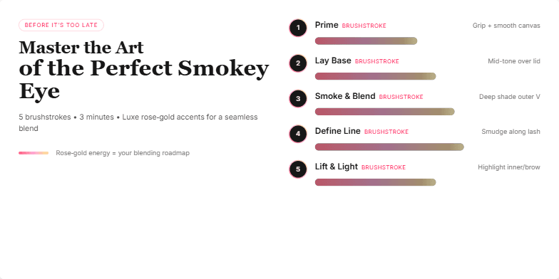 A slide demonstrating the steps of applying a smokey eye makeup look. Each step is numbered and features a rose-gold accented progress bar. The title 'Master the Art of the Perfect Smokey Eye' is prominently displayed.