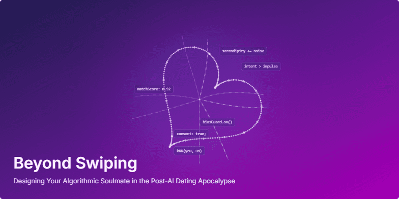 A futuristic title slide with a deep indigo and magenta gradient background. In the center, a holographic heart made of glowing data points rotates slowly. Luminous lines of code pulse outwards from the heart. The title 'Beyond Swiping' appears in the lower-left with a subtle glitch effect, creating a high-tech, intimate mood.