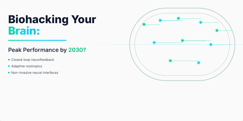 A dark, futuristic slide with a pulsating network of neon green and blue neurons, visualizing the concept of biohacking the brain for peak performance. The title 'Biohacking Your Brain: Peak Performance by 2030?' is displayed prominently, with supporting text highlighting key technologies like neurofeedback, nootropics, and neural interfaces.