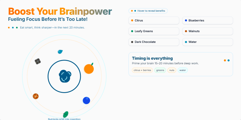 A vibrant slide showcasing a central brain icon surrounded by orbiting fruits and vegetables, symbolizing nutrients enhancing cognitive function. Hovering over each food item reveals its specific brain-boosting benefits.