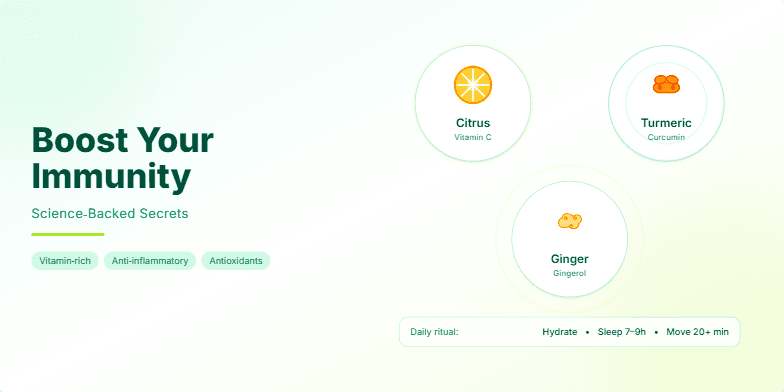 A slide promoting immune-boosting foods with vibrant green and white visuals. Ginger, turmeric, and citrus icons pulsate with light, highlighting their health benefits.