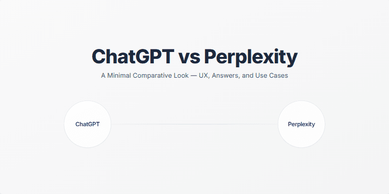 Title slide for a presentation comparing ChatGPT and Perplexity. The title reads 'ChatGPT vs Perplexity' with a subtitle: 'A Minimal Comparative Look — UX, Answers, and Use Cases'. Two badges, one for each tool, are displayed below the title.